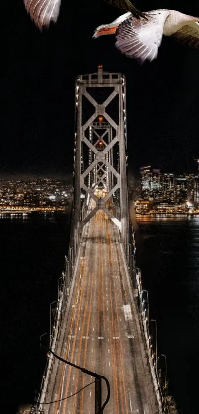 Night view of Golden Gate Bridge with city lights.