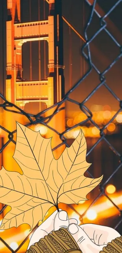 Hand holding leaf with Golden Gate Bridge in background at night.