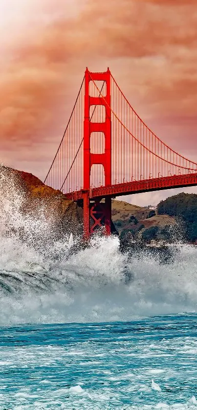 Golden Gate Bridge with waves at sunset.