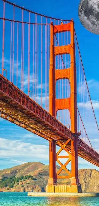 Golden Gate Bridge with moon in a surreal sky.