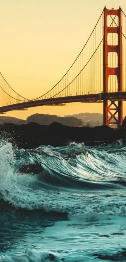 Golden Gate Bridge at sunset with ocean waves.