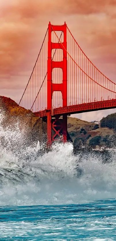 Golden Gate Bridge with ocean waves and sunset sky.