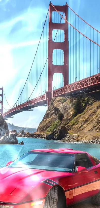 Red car by the Golden Gate Bridge with scenic ocean view.