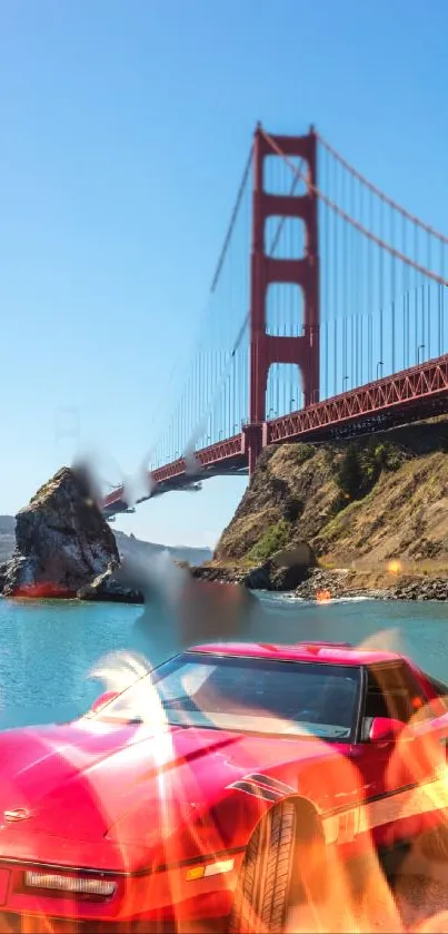 Classic car with Golden Gate Bridge background.