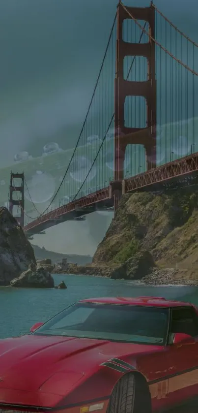 Red classic car in front of Golden Gate Bridge with a scenic backdrop.