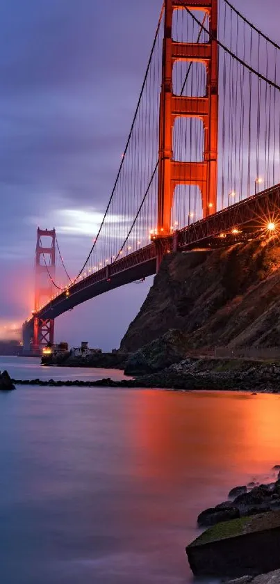 Golden Gate Bridge at dusk with stunning sky and water reflections.