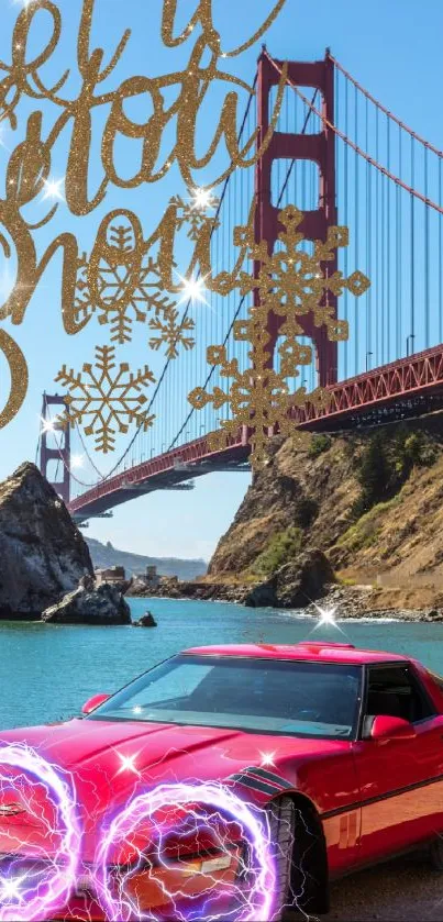 Festive wallpaper with Golden Gate Bridge and a red sports car.