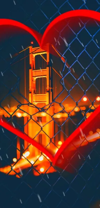 Golden Gate Bridge in a heart frame, night view.