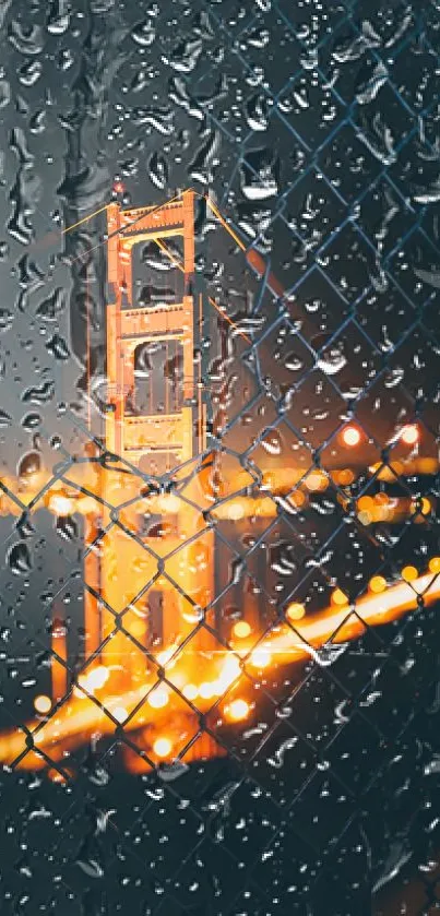 Golden Gate Bridge glowing at night through a fence.