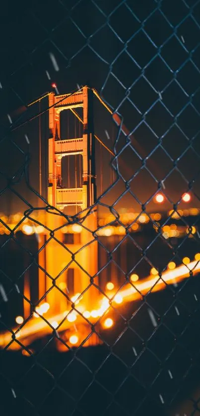 Golden Gate Bridge glowing at night with vibrant city lights.