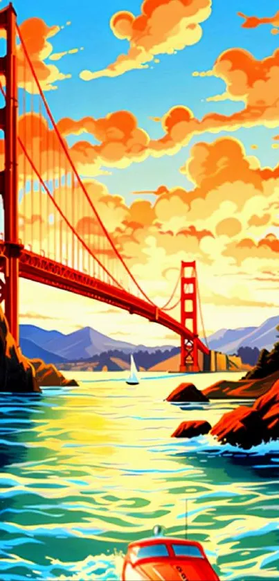 Colorful digital art of Golden Gate Bridge at sunset over scenic bay.