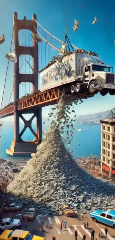 Surreal art of a truck dumping money on Golden Gate Bridge.