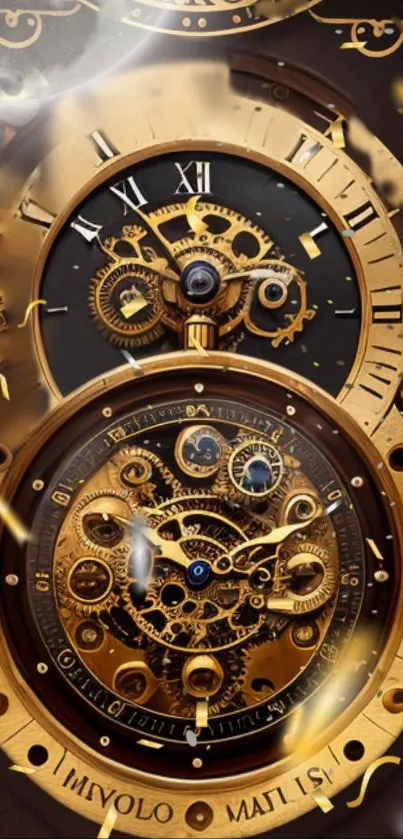 Intricate golden clock with gears and roman numerals in a steampunk design.