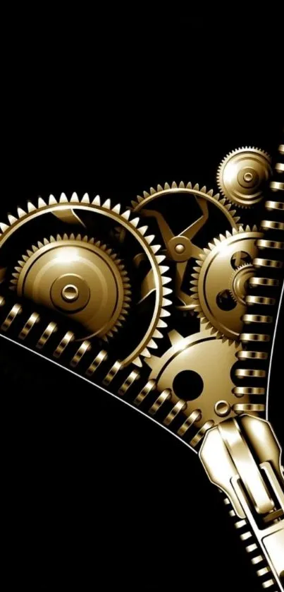 Golden gears and zipper on black background mobile wallpaper.