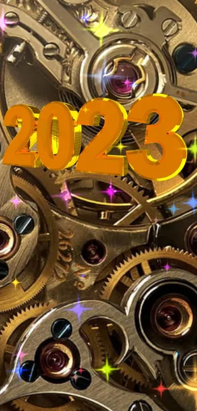 Golden gears wallpaper with 2023 text and colorful sparkles.