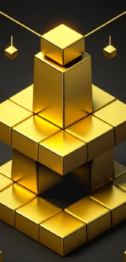 3D geometric wallpaper with golden stacked cubes on a dark background.