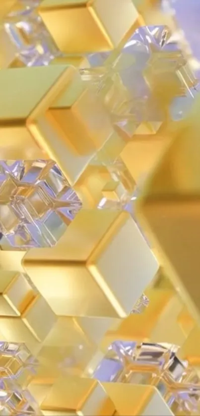 Golden and crystal-like cubes in a geometric abstract design.