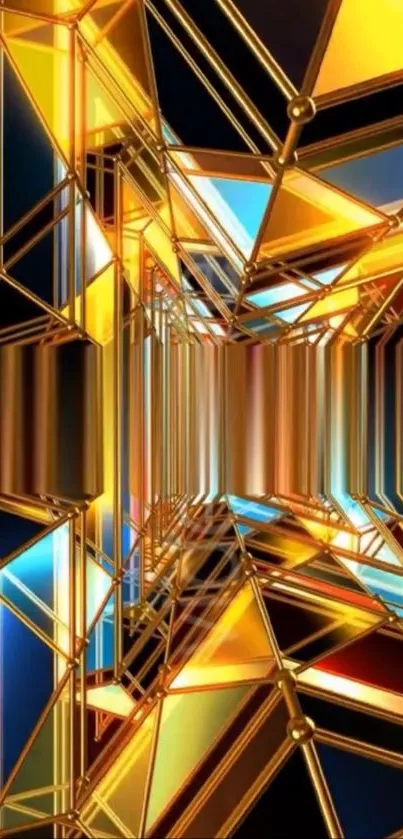 Golden geometric abstract wallpaper with 3D design.