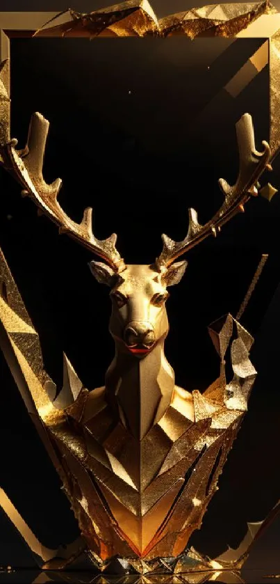 Golden geometric deer sculpture on a dark background.