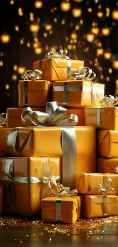 Golden gift boxes with silver ribbons and glowing lights.