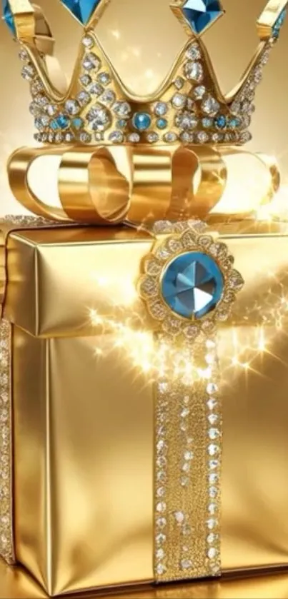 Golden gift box with sparkling crown and jewels.