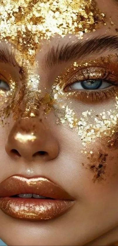 A close-up of a face adorned with gold leaf makeup and blue eyes.