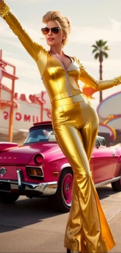 Figure in golden attire next to vintage pink car in urban background.