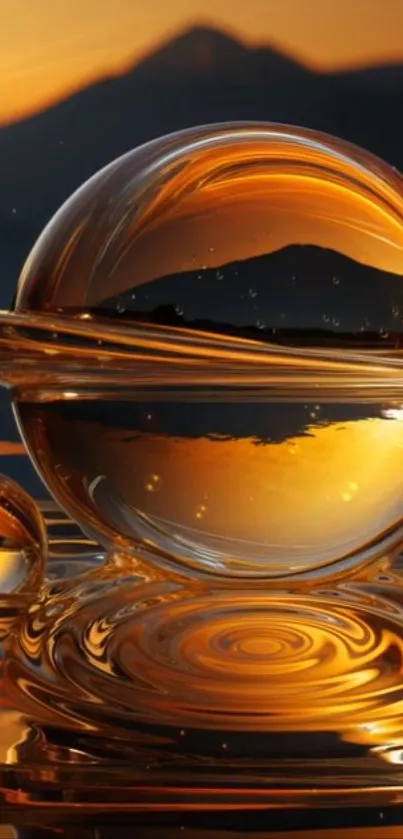 Golden glass orb with sunset reflection wallpaper.