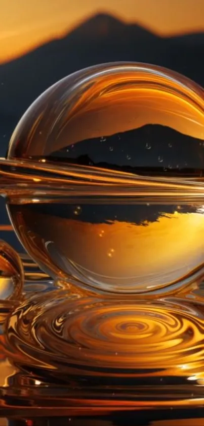 Golden glass sphere with mountain sunset reflection wallpaper.