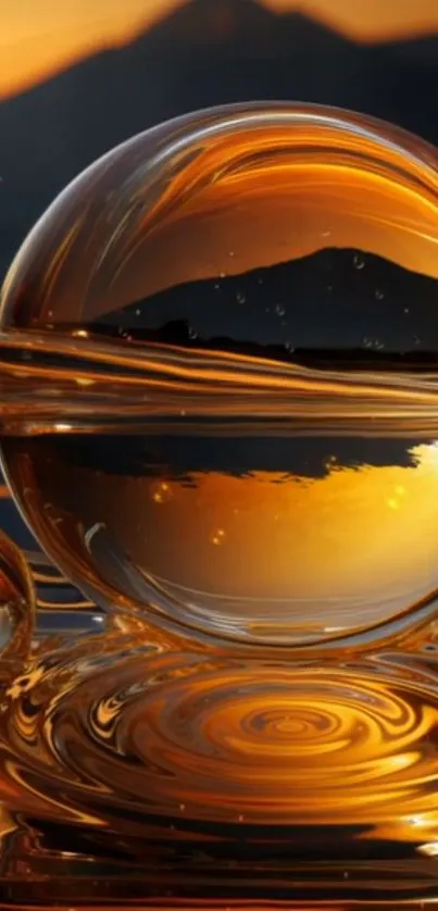 Golden glass sphere reflecting serene sunset landscape.