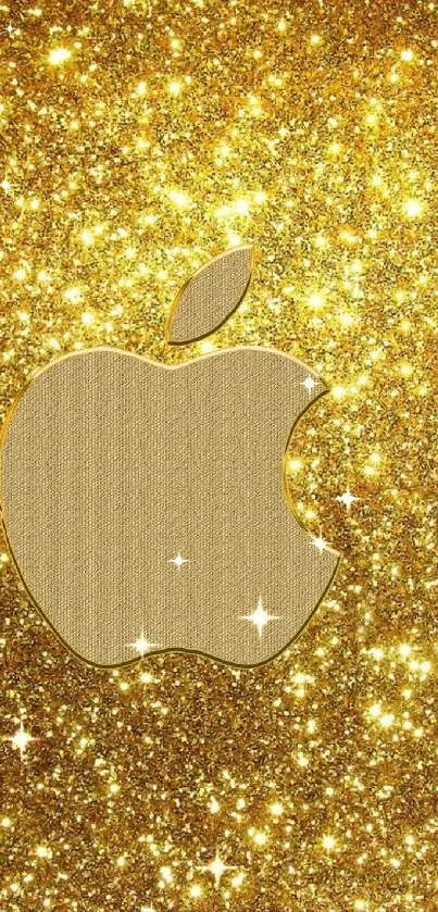 Shimmering gold wallpaper with glittering apple logo.