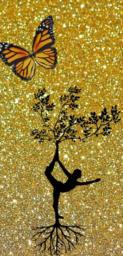 Golden glitter background with silhouette and butterfly.