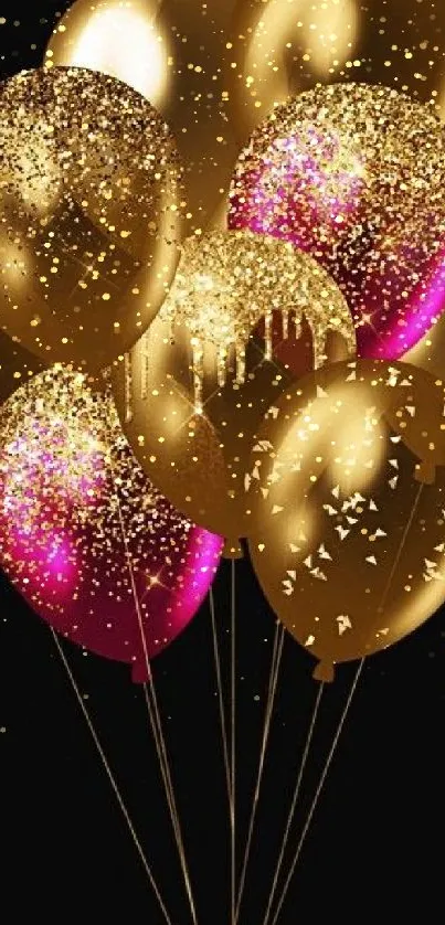 Golden and pink glitter balloons against a black background.