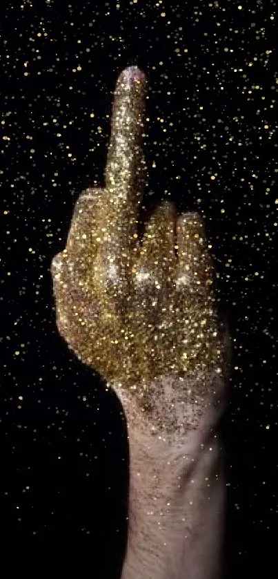 Golden glitter-covered hand on black background, bold mobile wallpaper.