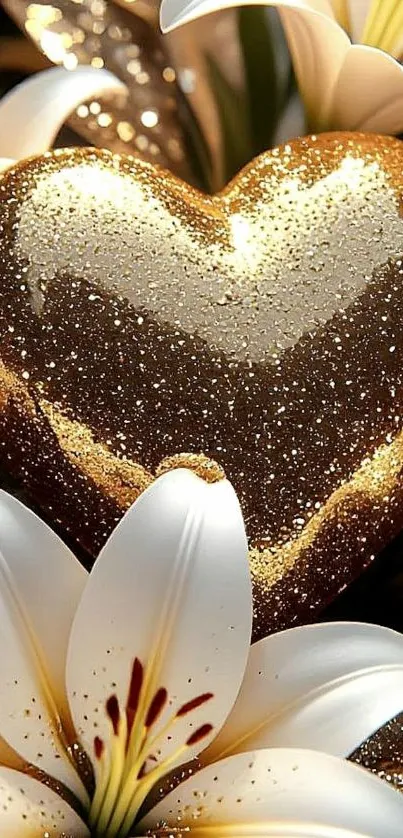 Glittering golden heart with white lilies wallpaper.