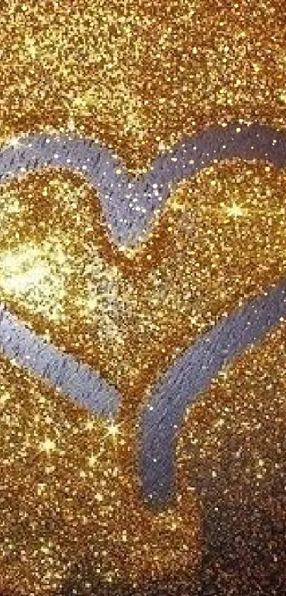 Golden heart with glitter on mobile wallpaper.