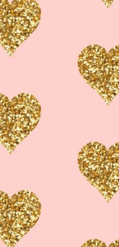 Mobile wallpaper with golden glitter hearts on a pink background.