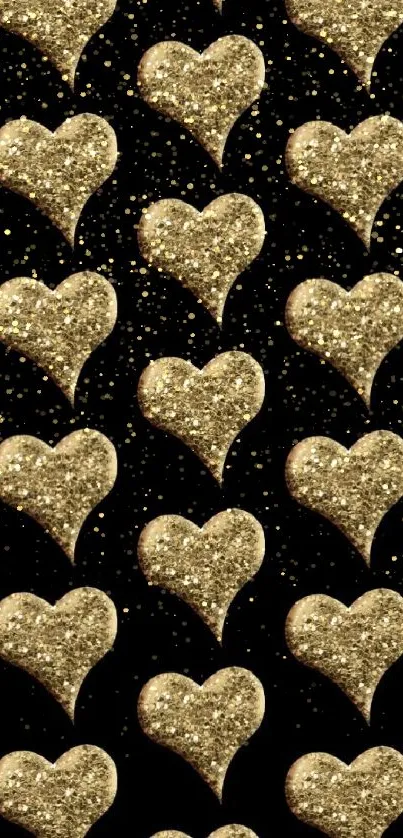 Mobile wallpaper with gold glitter hearts on a black background.