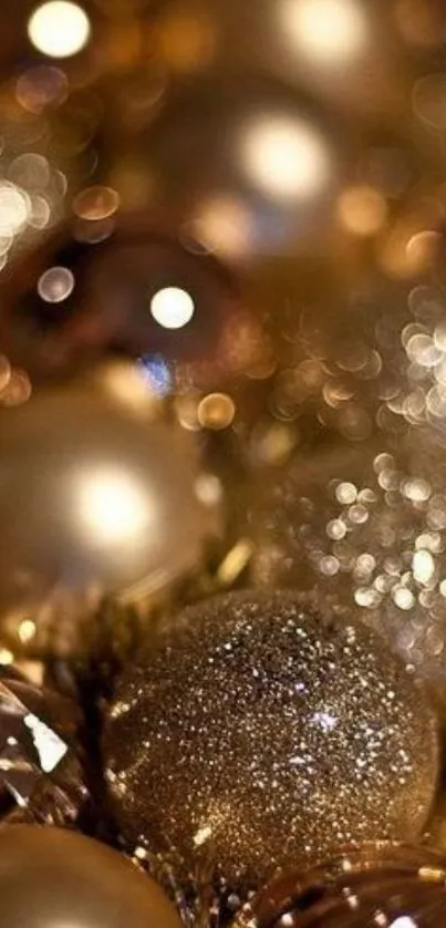 Golden Christmas ornaments with bokeh effect.