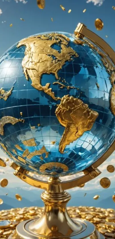 Golden globe surrounded by floating coins with blue sky background