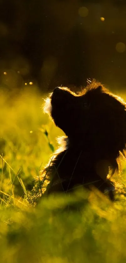 Silhouette of a dog in a golden meadow at sunset.