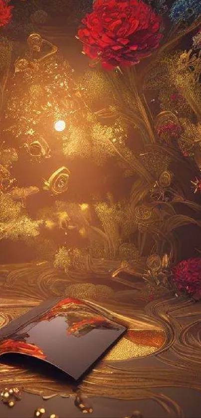 Enchanting fantasy wallpaper with golden glow and vivid red flowers.