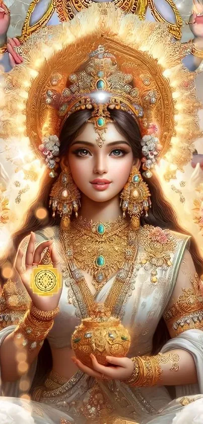 Golden goddess fantasy art with ornate details.