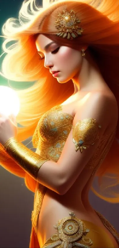 Golden-haired goddess holding an orb in a stunning, themed mobile wallpaper.