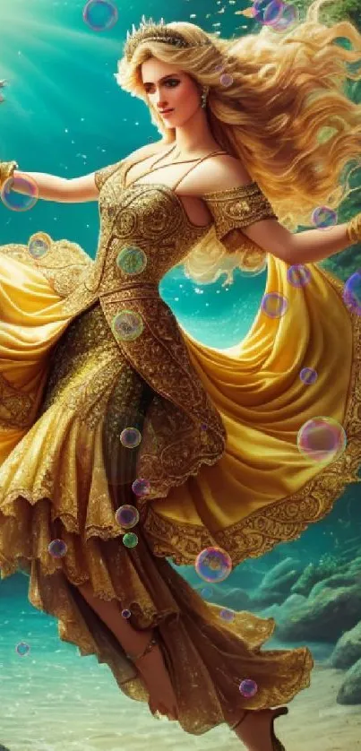 Golden goddess in elegant yellow dress, underwater scene.