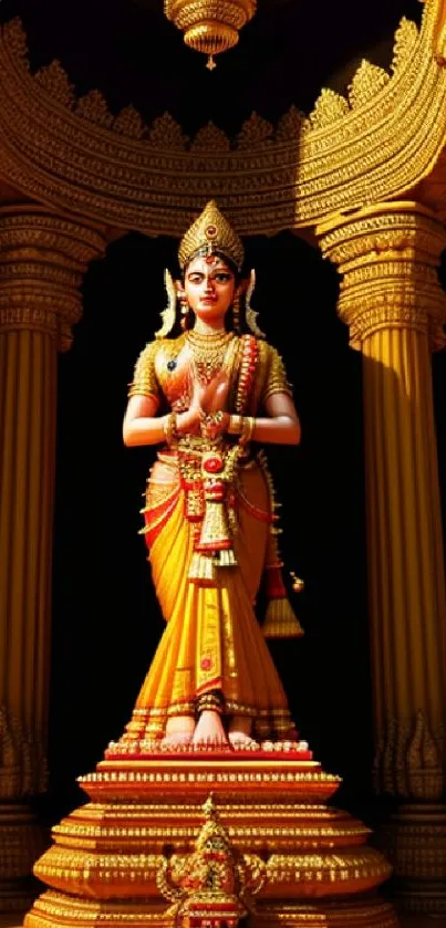 Golden goddess statue with intricate temple background.