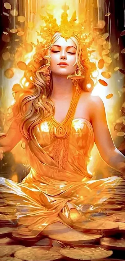 Golden goddess artwork with glowing aura and floating coins.