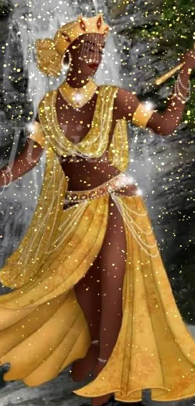 Golden goddess in waterfall setting mobile wallpaper.