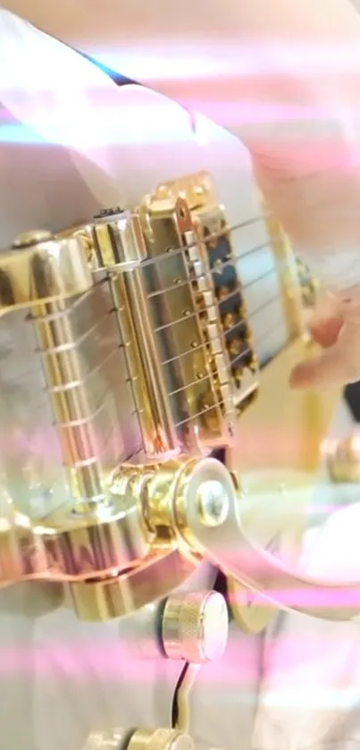 Close-up of a golden guitar with colorful light streaks.