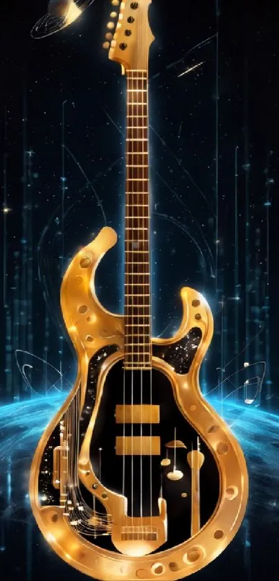 Golden guitar on cosmic background mobile wallpaper.